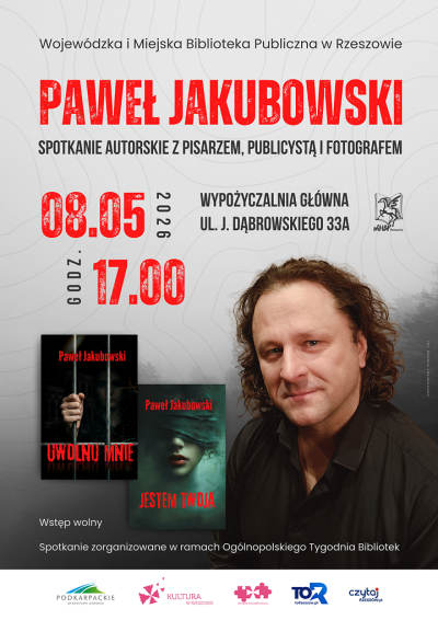Grafika promująca spotkanie z Pawłem Jakubowskim